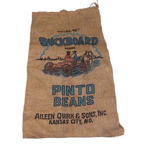 Burlap Sack BuckBoard PDQ Pinto Beans 100lbs Bag Bright Wagon Horse Western Vint